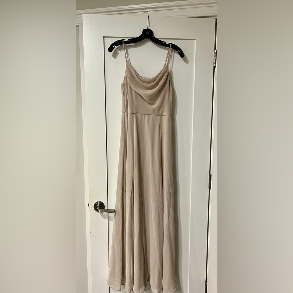 David’s Bridal cowl neck bridesmaid dress with slit